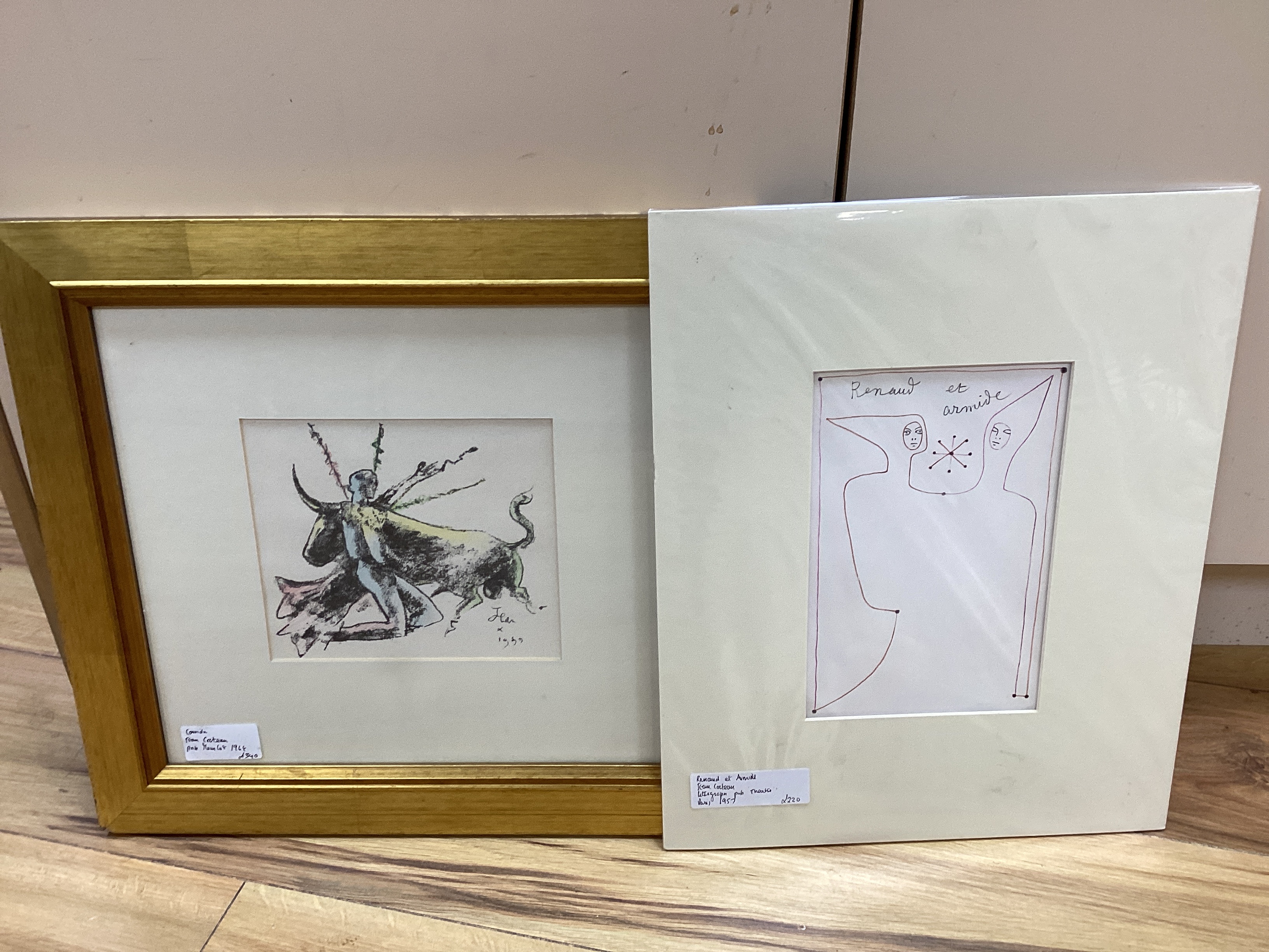 After Jean Cocteau (1889-1963), two colour lithographs, ‘Renault and Armide’ and ‘Torero’, one framed, one mounted, 22 x 14cm, unframed